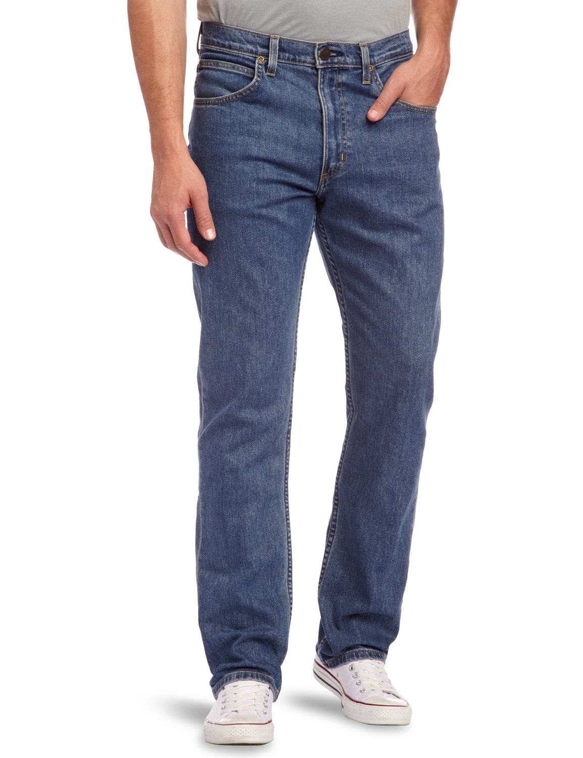 mid blue straight leg jeans