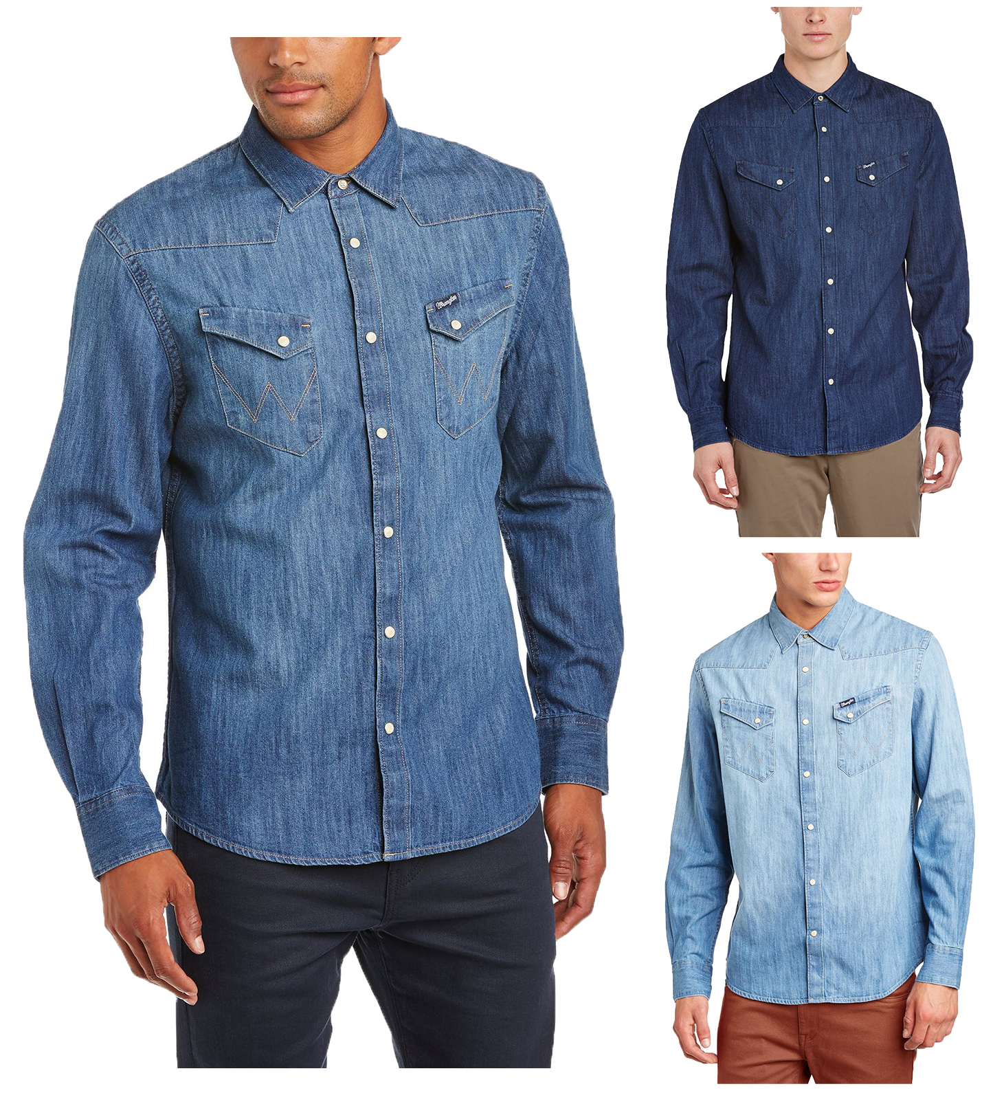 Wrangler Denim Shirt New Western Light Dark Indigo Blue Jean Shirts ...