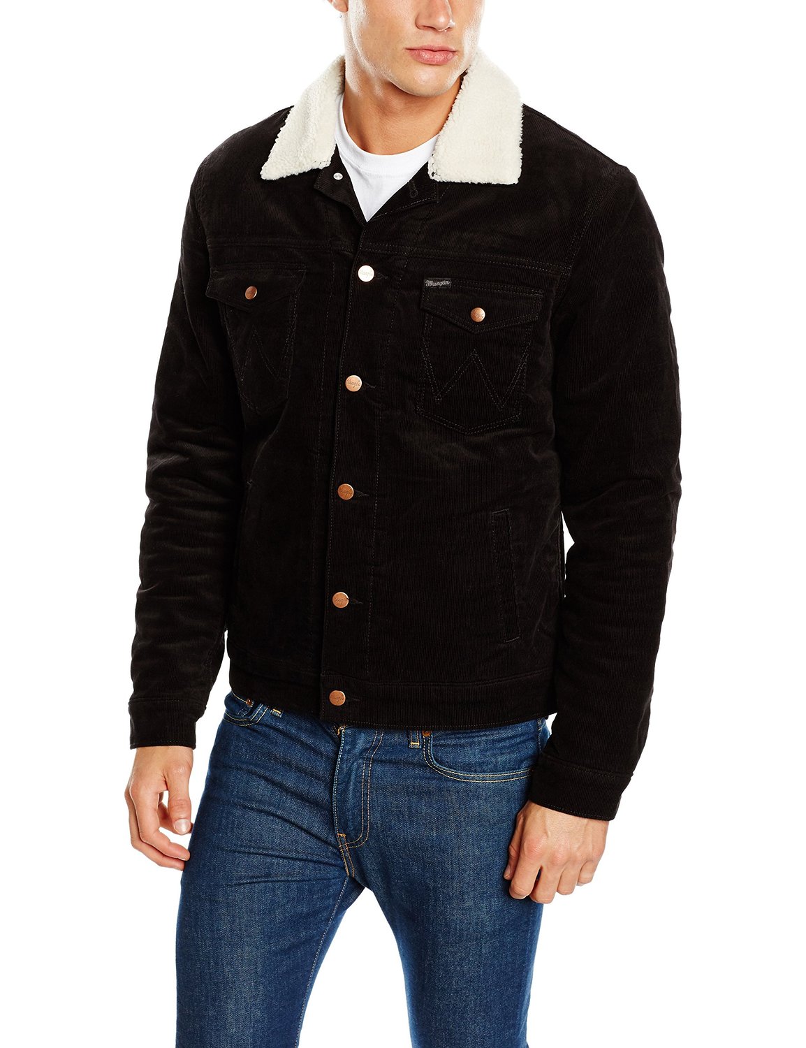 Wrangler New Mens Warm Sherpa Fur Collar Corduroy Trucker Jacket Black Cord Coat | eBay